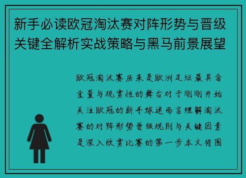 新手必读欧冠淘汰赛对阵形势与晋级关键全解析实战策略与黑马前景展望