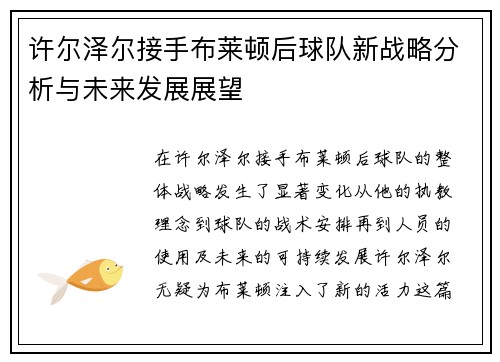 许尔泽尔接手布莱顿后球队新战略分析与未来发展展望